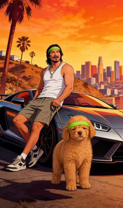 A confident man leans against a sleek sports car alongside his labradoodle wearing matching green headbands, with the Los Angeles skyline and a vibrant sunset in the background. The cartoonish, anime-styled illustration of memecoin culture mirrors the post's theme of chasing rapid gains, using a flashy lifestyle aesthetic to hype tickers like $CASHCAT and $ROBIN as symbols of fast-moving market sentiment.

*Note: The tickers $CASHCAT and $ROBIN appear only in the accompanying caption, not within the image itself.*