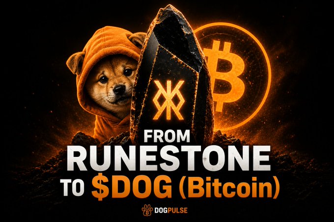 A Dogpulse promotional image featuring a Shiba Inu dog in a hoodie next to a runestone, with text reading 'FROM RUNESTONE TO $DOG (Bitcoin)' and a glowing Bitcoin logo in the background.