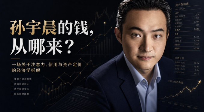The image is a thumbnail featuring Justin Sun (孙宇晨) in a suit against a dark background with stock chart graphics, displaying the title "孙宇晨的钱，从哪来？" (Where does Sun Yuchen’s money come from?) alongside subtitle text promising an economic breakdown of attention, credit, and asset pricing. The accompanying post discusses Sun's 2019 $4.567 million charity lunch with Buffett as the first topic in an accounting breakdown of his finances.