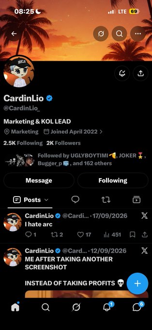 A Twitter/X profile page for "CardinLio" (@CardinLio), a Marketing & KOL LEAD with 2.5K Following and 2K Followers, showing recent posts including one stating "ME AFTER TAKING ANOTHER SCREENSHOT INSTEAD OF TAKING PROFITS".