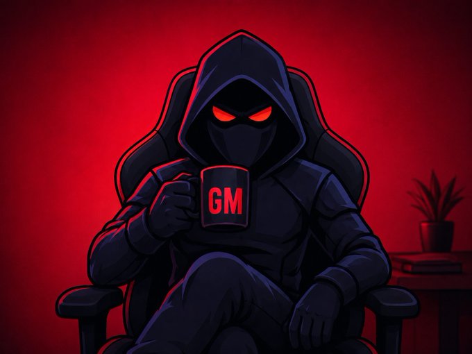 An illustration of a shadowy, hooded figure with glowing red eyes sitting in a gaming chair against a red background, holding a red mug that says 'GM'.