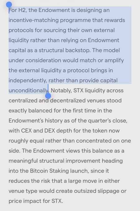 A text excerpt discussing H2's Endowment incentive-matching programme for protocols sourcing external liquidity, noting STX liquidity balance between CEX and DEX venues ahead of the Bitcoin Staking launch.