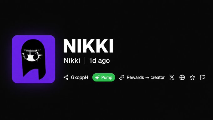 A profile banner for 'NIKKI' features a purple logo with a stylized girl character, posted '1d ago', and includes buttons for 'GxopPH', 'Pump', and 'Rewards → creator'.