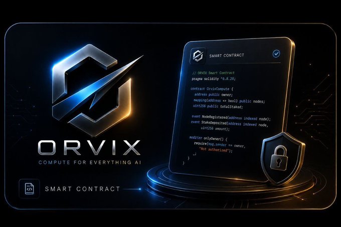 A dark tech-themed graphic for 'ORVIX - COMPUTE FOR EVERYTHING AI' showing a smart contract code snippet alongside a shield and padlock icon.
