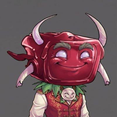 A cartoon illustration of a red, smiling devil-like character with white horns, depicted in a fantasy style against a gray background.