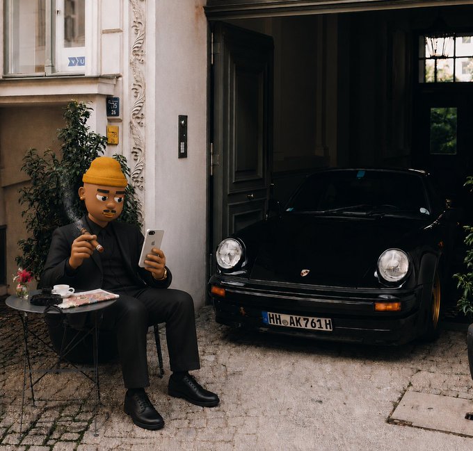 An AI-generated image of a cartoon-like man with a yellow beanie sitting outside a building, smoking a cigar and looking at a smartphone, next to a black Porsche 911 with license plate 'HH AK761H'.