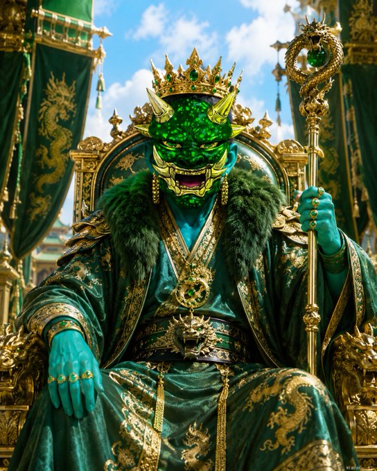 A regal dragon warrior seated on an ornate golden throne, wearing a jeweled green mask, elaborate green and gold robes with fur trim, and holding a dragon-topped scepter.