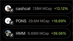 A dark dashboard widget showing token market caps: cashcat at 138M MCap (+13.12%), PONS at 29.6M MCap (+18.69%), and HMM at 6.66M MCap (+39.56%).