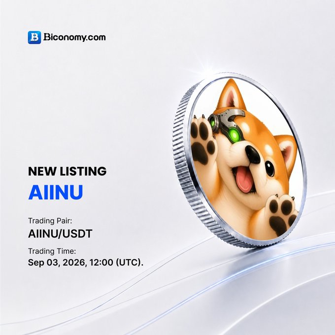 A Biconomy.com promotional graphic announcing a new listing for 'AIINU' with the AIINU/USDT trading pair, listing its trading time as September 3, 2026 at 12:00 UTC, alongside a Shiba Inu-themed coin featuring a robotic eye.