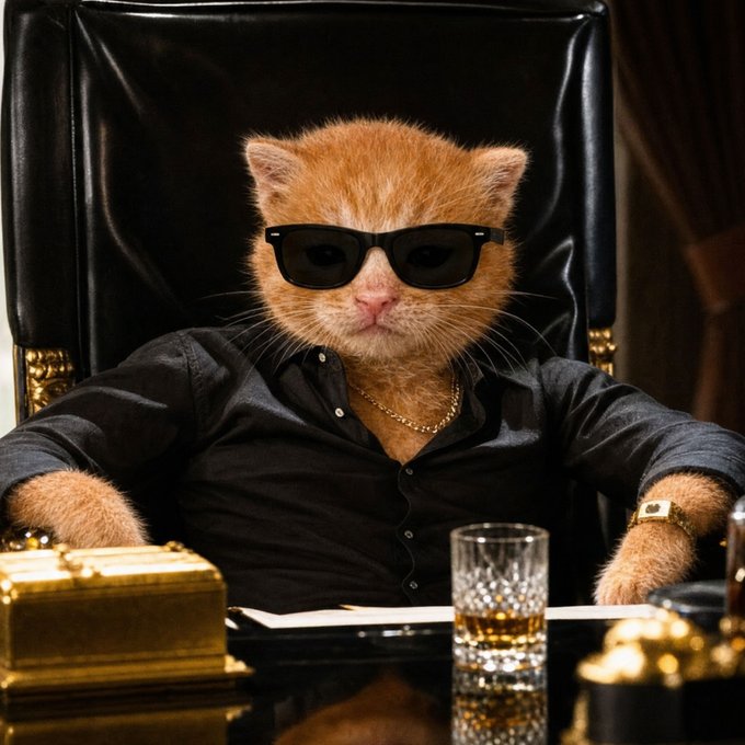 A humorous, digitally edited image of an orange cat wearing sunglasses, a black shirt, and a gold chain, sitting in a leather office chair at a desk like a boss.