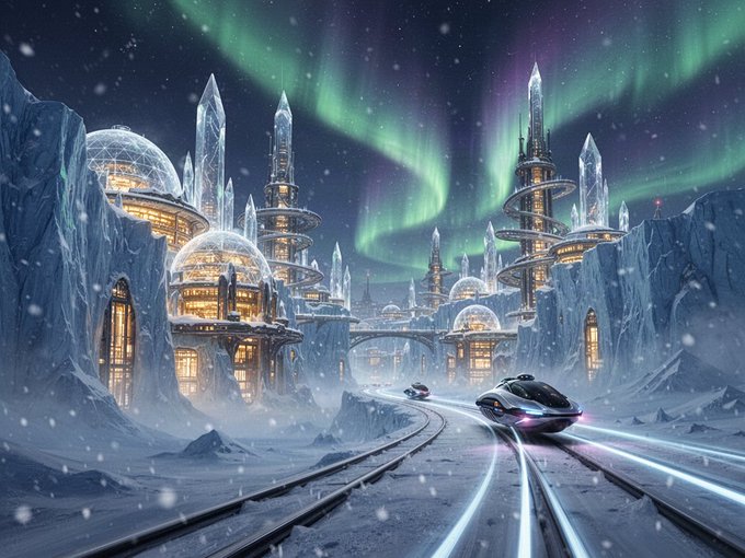 Digital artwork of a futuristic ice city with illuminated domes and spires under the aurora borealis, featuring two sleek hover-trains traveling along glowing blue tracks in the foreground.
