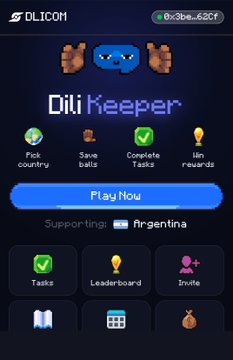 A mobile app screen for 'Dili Keeper' showing options like Pick country, Save Balls, Complete Tasks, and 'Supporting: Argentina' with a Play Now button.