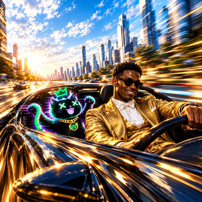 A stylized, motion-blurred image of a man in a gold suit and sunglasses driving a luxury car through a sunlit cityscape, accompanied by a glowing neon cat wearing a crown and gold chain with 'X X' eyes.