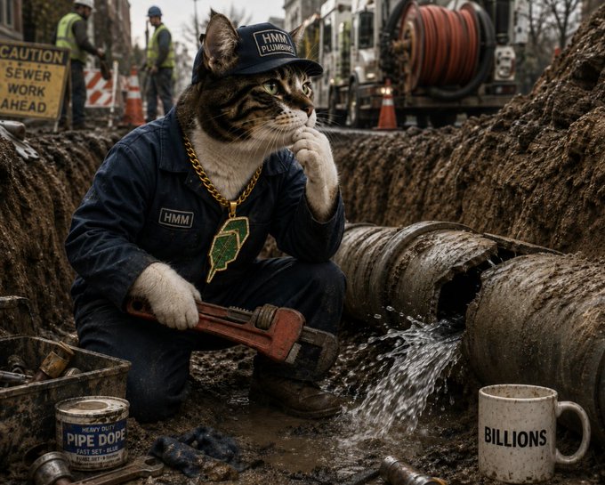 A cat dressed as a plumber in a navy "HMM Plumbing" uniform crouches in a muddy trench fixing a burst pipe, with "BILLIONS" written on a nearby mug and a "CAUTION SEWER WORK AHEAD" sign visible in the background. The image humorously illustrates the post's boast about being "born in the trenches," suggesting the cat is ready for "one last run" to prove plumbing success to doubting zoomers.