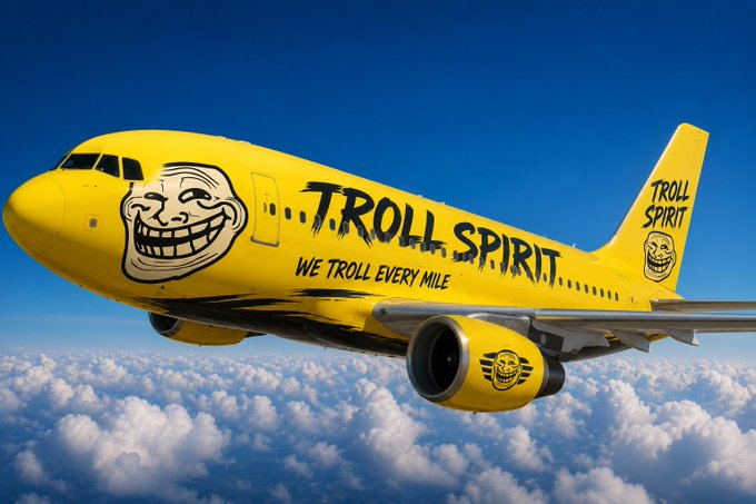 A bright yellow commercial airplane flies above the clouds, emblazoned with a troll face meme, "TROLL SPIRIT" on the fuselage, and the slogan "WE TROLL EVERY MILE," cleverly tying into the post's bullish hype for the $TROLL meme coin by depicting it literally "taking flight."