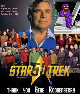 The image is a memorial tribute to Gene Roddenberry, showing "Star Trek" cast members and text reading "Born August 19, 1921 and passed away October 24, 1991" and "Thank you Gene Roddenberry."

The image does not relate to the post about President Trump meeting with crypto leaders; both only share the coincidental date of August 19, which is Roddenberry's birthdate rather than the meeting date referenced in the caption.