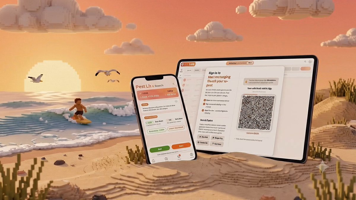 The image features a beach scene with two devices - an iPad displaying a webpage and a smartphone with a QR code. The webpage appears to be related to Bitcoin or Peach Bitcoin, as indicated by the text "Just In: Peach Bitcoin launches Peach Web, browser based P2P marketplace without KYC". This suggests that there might be some sort of cryptocurrency-related activity taking place on this beach scene.