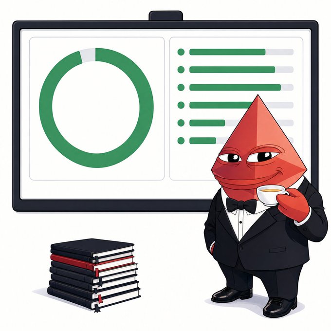 An illustration of an anthropomorphic red pyramid character in a tuxedo holding a teacup, standing next to a stack of books and a whiteboard with a green pie chart and progress bars.