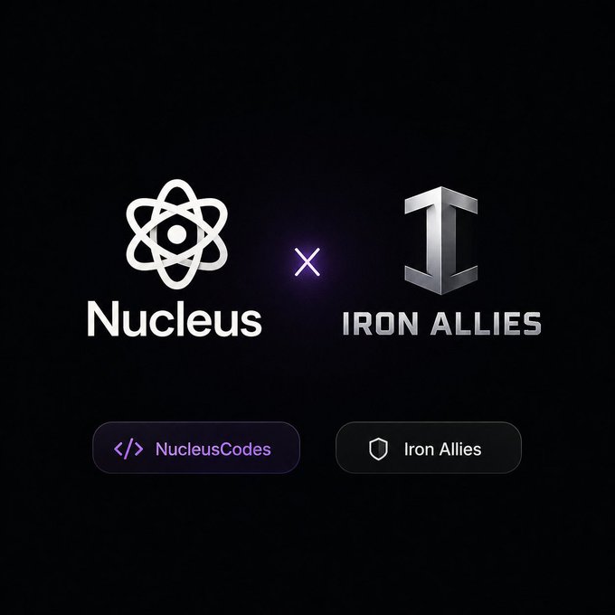 A dark promotional graphic displays two brand logos: 'Nucleus' (with an atom-style icon) and 'IRON ALLIES' (with a metallic "I" icon), separated by a glowing "X", with clickable tags reading "/> NucleusCodes" and "Iron Allies" below.