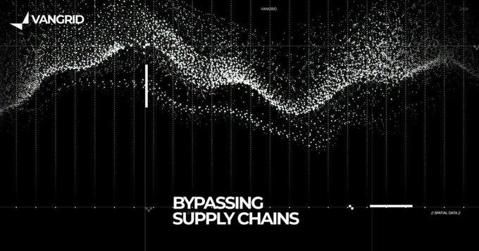 A VanGrid graphic displays a wave-like pattern of white dots against a black background, with the text 'BYPASSING SUPPLY CHAINS' overlaid.
