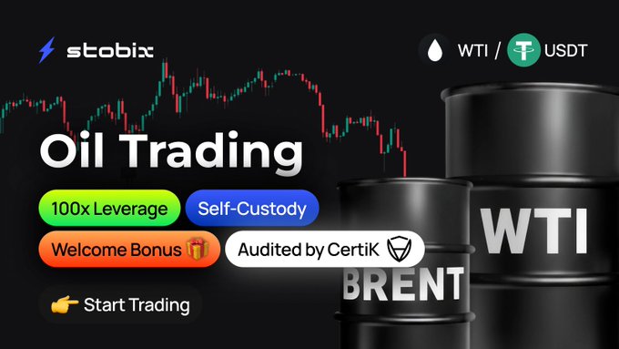 Promotional graphic for Stobix advertising WTI and Brent oil futures trading with 100x leverage, featuring "Self-Custody," "Welcome Bonus," and "Audited by Certik" badges alongside oil barrel imagery—aligning with the post's pitch to diversify from sideways crypto action into commodity futures via app.stobix.com.