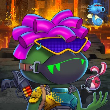 Digital artwork of a cartoon turtle character with pink shell-shaped hair, sunglasses, and green goggles, alongside a pink seahorse in a cityscape setting.