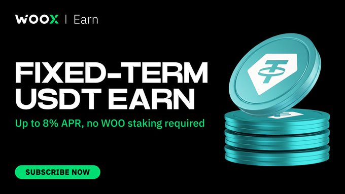 The image features a stack of blue coins placed against a black background with white text that reads "Fixed-Term USDT Earn". The text also includes an advertisement for a cryptocurrency called "USDT" which is related to the fixed-term earning concept.