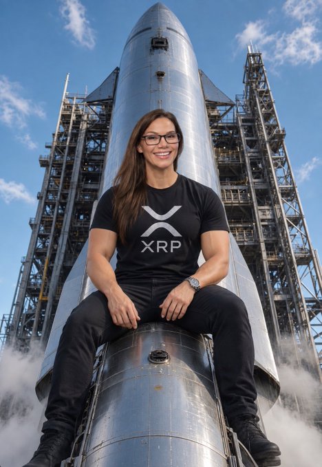 A digitally composed image of a smiling woman with glasses wearing an XRP t-shirt, sitting on a large rocket ship.