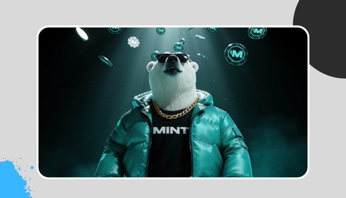 A polar bear wearing sunglasses, a green puffer jacket, and a gold chain with 'MINT' on its shirt stands surrounded by floating 'M' coins. The bear is shown on a tablet-like screen with blue paint accents.