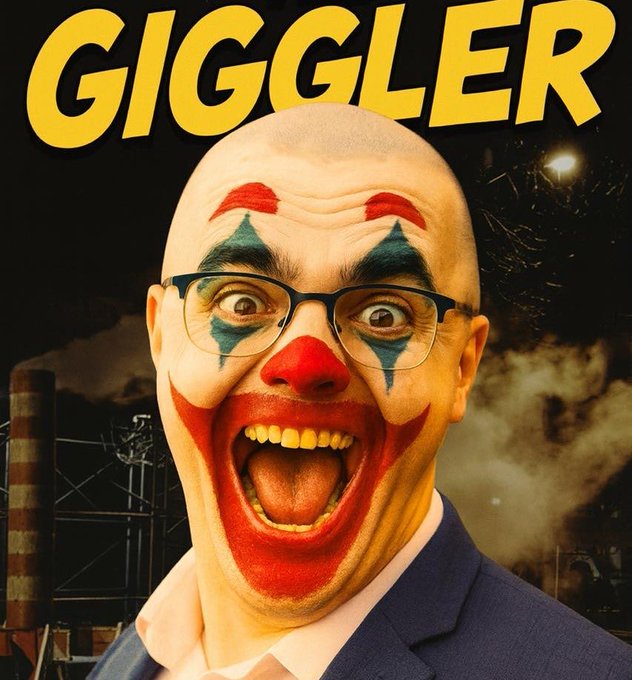 A bald man with glasses wears clown makeup featuring red lips and a red nose, with the word "GIGGLER" displayed in large yellow letters at the top against a dark industrial background.