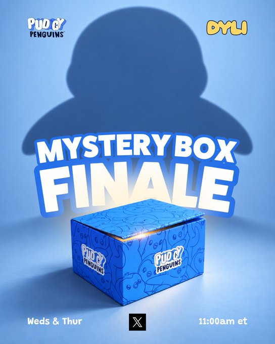 Promotional graphic for a 'MYSTERY BOX FINALE' from Pudgy Penguins in collaboration with OMI, scheduled for Weds & Thur at 11:00am et.