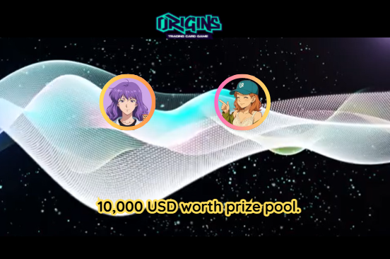 A promotional graphic for 'ORIGINS' featuring two circular character portraits against a cosmic wave background, advertising a '10,000 USD worth prize pool.'