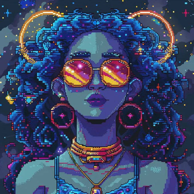 A pixel art portrait of a celestial figure with voluminous blue hair, wearing round sunglasses that reflect a sunset and starry sky, along with gold necklaces and an ornate choker. The image serves as the digital artwork for "Celestial Pixel Citizen #1923," an NFT collection minted on the Stargaze zone platform.