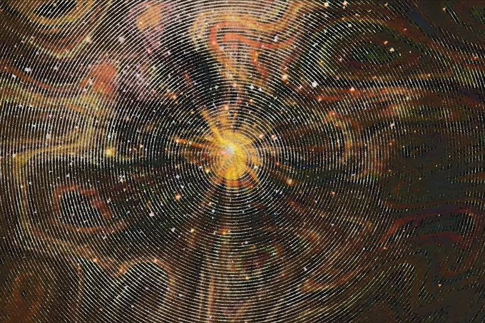 An abstract spiral pattern of golden dots and light radiates outward from a glowing center against a dark background.