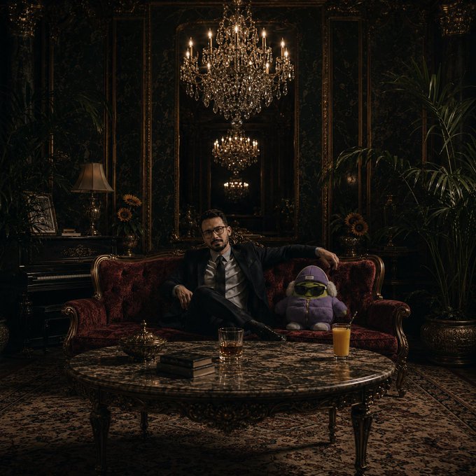 A moody, atmospheric photo of a man in a suit and glasses sitting on an ornate red velvet sofa in a dimly lit, luxurious room with a chandelier, accompanied by a purple penguin plushie, with drinks on the marble table.