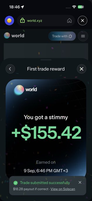 A screenshot of the world.xyz website displays a "First trade reward" notification showing a user received "+$155.42" earned on September 9, 6:46 PM GMT+3, with a confirmation that a trade was submitted successfully. The post promotes a referral link (world.xyz/?ref=V31E5HZ2), suggesting a small USDC trade on Solana can yield a large reward payout.