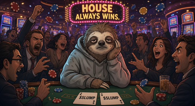 A sloth in a gray hoodie sits calmly at a poker table holding pocket Aces labeled "$SLUMP," unbothered by the chaotic crowd of screaming, panic-trading gamblers around him, while a neon sign overhead declares "HOUSE ALWAYS WINS."

The image visualizes the post's metaphor of $SLUMP as the steady, patient player in the volatile crypto "casino," winning effortlessly while others frantically chase pumps.