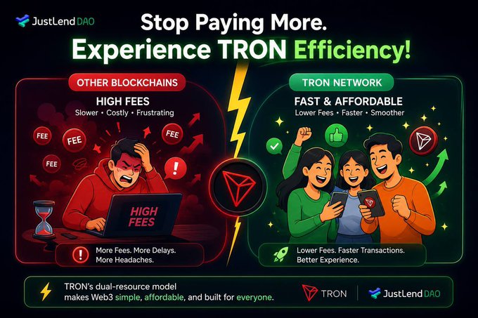 JustLend DAO advertisement promoting TRON network efficiency, contrasting 'Other Blockchains High Fees' with 'TRON Network Fast & Affordable' transaction benefits.