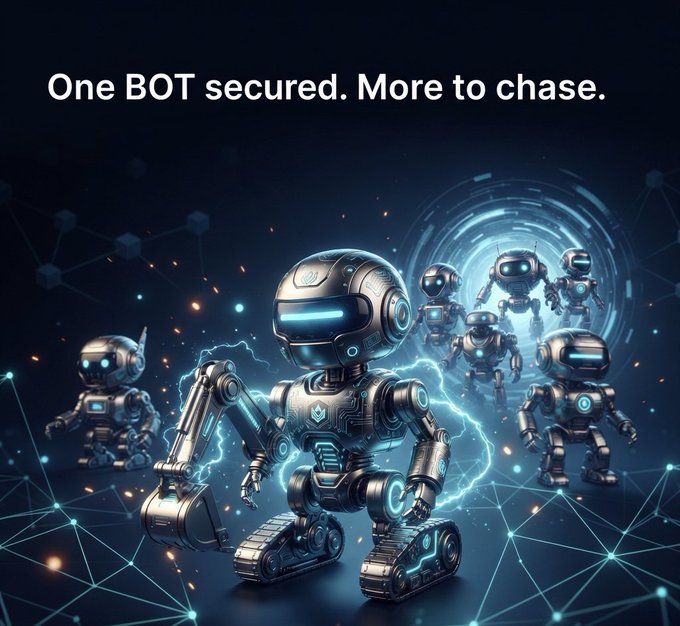 A digital graphic showing metallic robots with glowing blue accents against a dark, high-tech background, with the text 'One BOT secured. More to chase.'