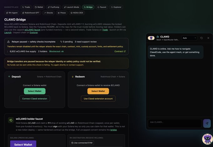 CLAWD Bridge interface showing 'Move $CLAWD between Solana and Robinhood Chain' with Deposit and Redeem panels, a wCLAWD holder faucet section, and an AI chat assistant sidebar.