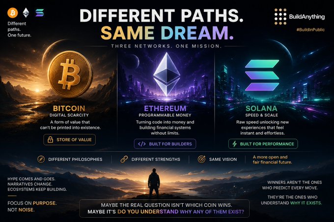 Cryptocurrency comparison graphic titled 'DIFFERENT PATHS. SAME DREAM. THREE NETWORKS. ONE MISSION.' featuring Bitcoin (digital scarcity), Ethereum (programmable money), and Solana (speed & scale), credited to BuildAnything @BuildInPublic.