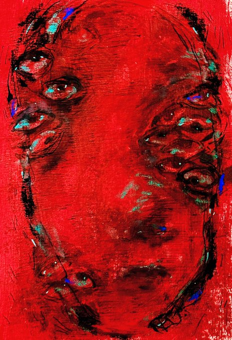 An artistic, stylized red painting of a face with multiple eyes, featuring rough brushstrokes and accents of blue, green, and black.