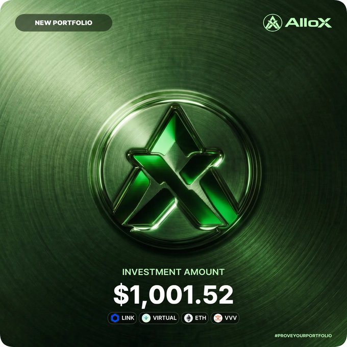 A green-themed promotional graphic for AlloX showing a new portfolio with an investment amount of $1,001.52, with payment options for LINK, VIRTUAL, ETH, and VVV tokens, and hashtag #PROVEYOURPORTFOLIO.