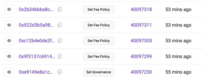 The image focuses on seven different screens with various pricing information displayed. These prices range from $0.39 to $4.99, and each screen indicates that these are SETFEEPOLICY prices. The screen at the topmost left has the number 0x12bebebcd89bcc displayed. The others show different amounts of text about SETFEEPOLICY fees. Some of the screens have purple background elements for easy viewing, and there is a post-it note in the middle with a quote from someone talking about the infrastructure, which seems to be related to testing the fees.