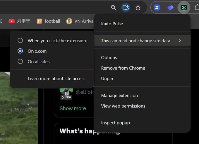 Chrome browser screenshot showing the Kaito Pulse extension menu with site access options (When you click the extension, On x.com selected, On all sites).