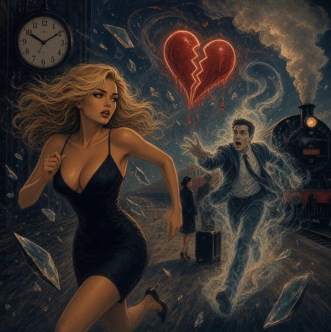 A dramatic illustrated scene of a blonde woman in a black dress running in panic as a man in a suit dissolves into ghostly smoke behind her, with a cracked red heart, shattered glass, a steam train, and a clock visible in the background.