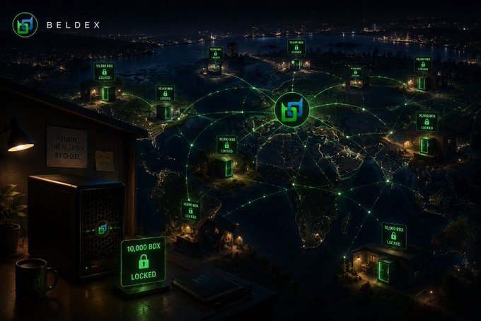 A promotional image for 'BELDEX' featuring a glowing green network map of nodes spread across a nighttime cityscape, each displaying a locked vault icon with varying 'BDX' amounts like 10,000 and 100,000.