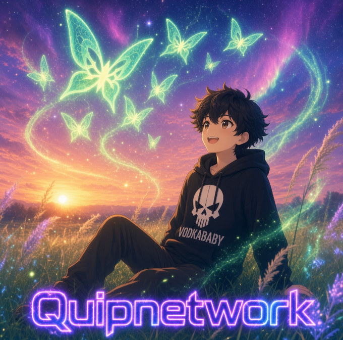 An anime-style illustration of a young boy in a black hoodie with skull design sitting in a field at sunset, with glowing butterflies and the text "Quipnetwork" at the bottom.