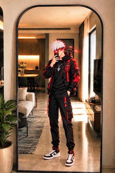 A person with white and red hair taking a mirror selfie in a modern interior, wearing a black outfit with red accents, a jacket, and sneakers.