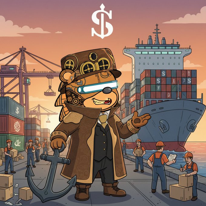 A cartoon anthropomorphic character wearing a steampunk-style cap and goggles stands at a shipping port, holding an anchor, with a large container ship and workers loading cargo behind them beneath a dollar sign symbol.